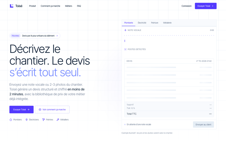 Capture d'écran de la page d'accueil du site Toisé